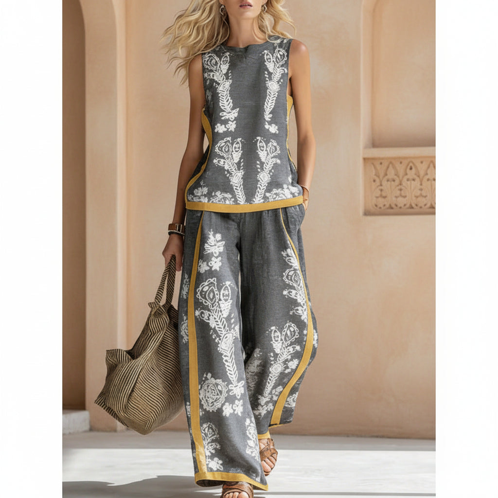 Printed Retro Sleeveless Top & Wide-Leg Pants Set | 12 Prints S–5XL