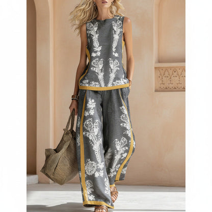 Printed Retro Sleeveless Top & Wide-Leg Pants Set | 12 Prints S–5XL