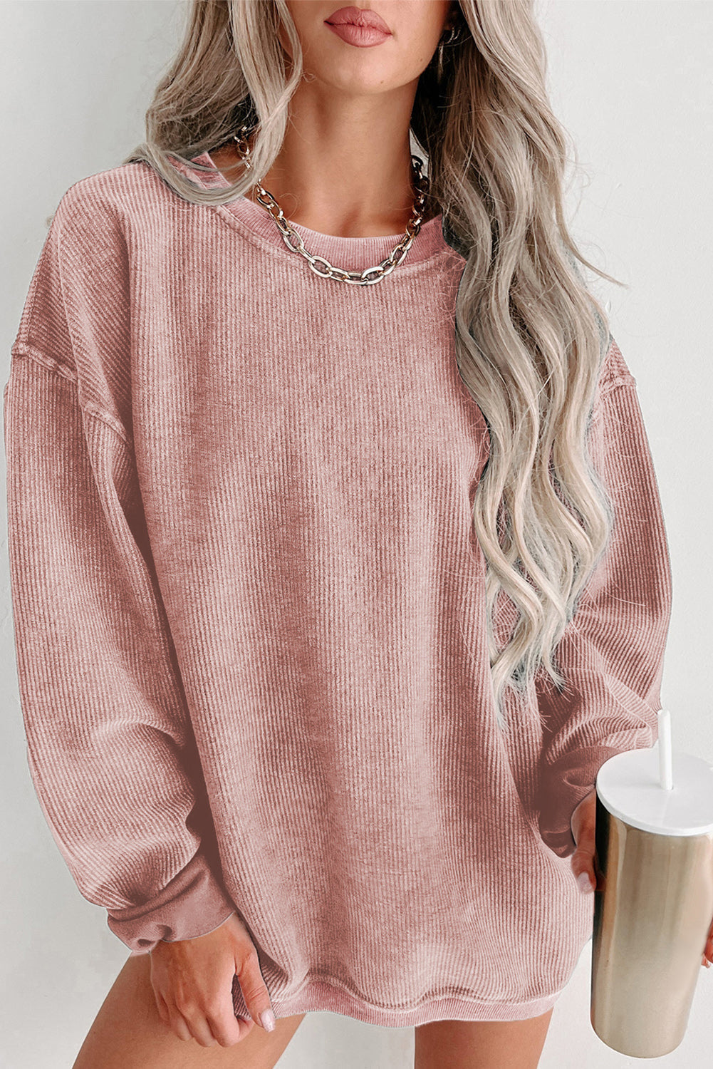 Faith Solid Ribbed Knit Round Neck Pullover Sweatshirt - Threaded Pear