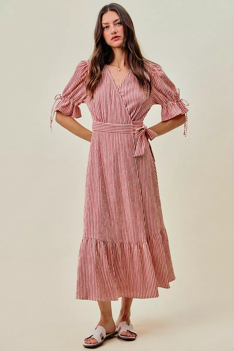 SO ME Stripe Textured Short Sleeves Lined Wrap Midi Dress