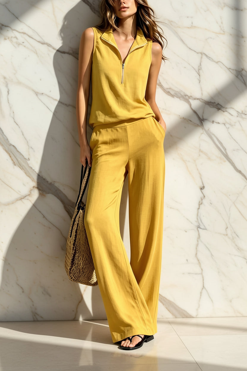 Women's Quarter-Zip Stand Collar Sleeveless Top & Wide-Leg Pants Set