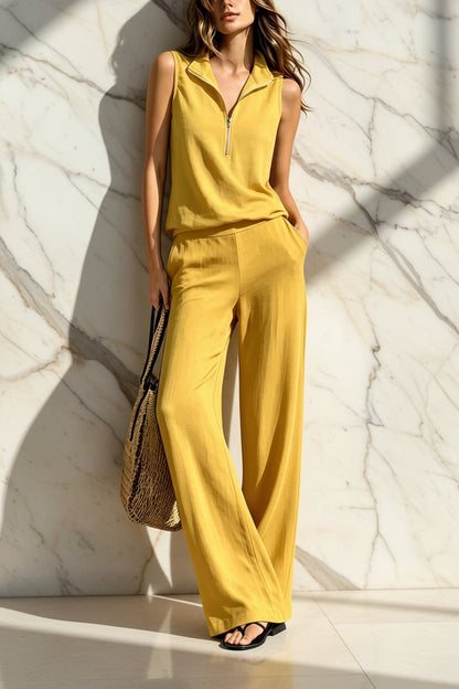 Women's Quarter-Zip Stand Collar Sleeveless Top & Wide-Leg Pants Set