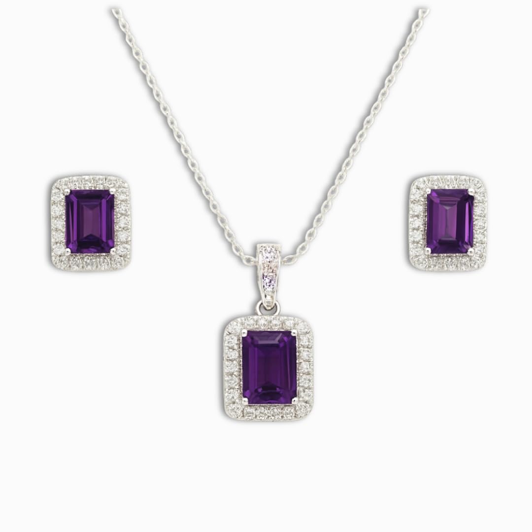 Silver Natural Amethyst Earrings and Necklace Jewelry Sets