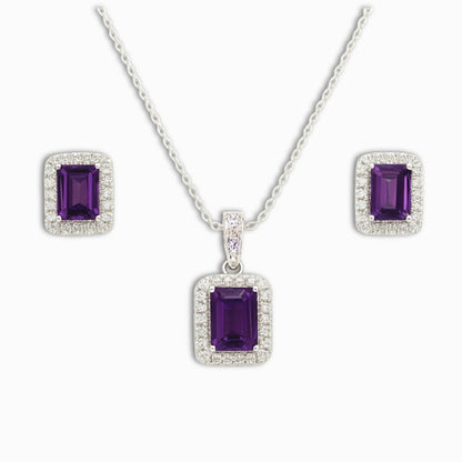 Silver Natural Amethyst Earrings and Necklace Jewelry Sets