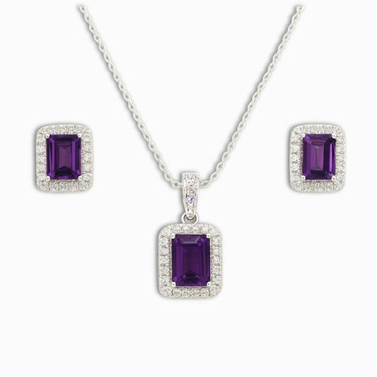 Silver Natural Amethyst Earrings and Necklace Jewelry Sets