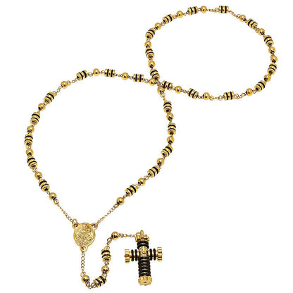 Stainless Steel And Black Rubber Rosary Necklace