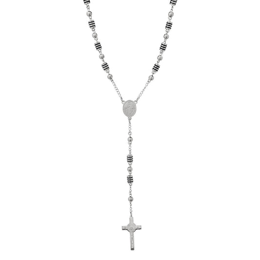 Stainless Steel And Black Rubber Rosasry Necklace