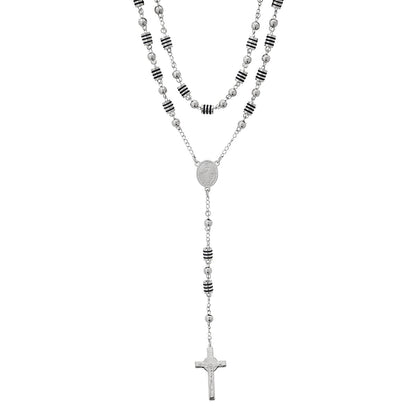 Stainless Steel And Black Rubber Rosasry Necklace
