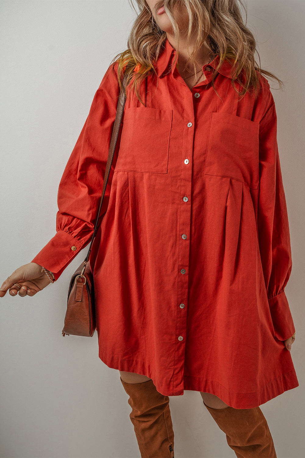 Threaded Pear Eleanor Bishop Sleeve Button Up Pleated Mini Dress