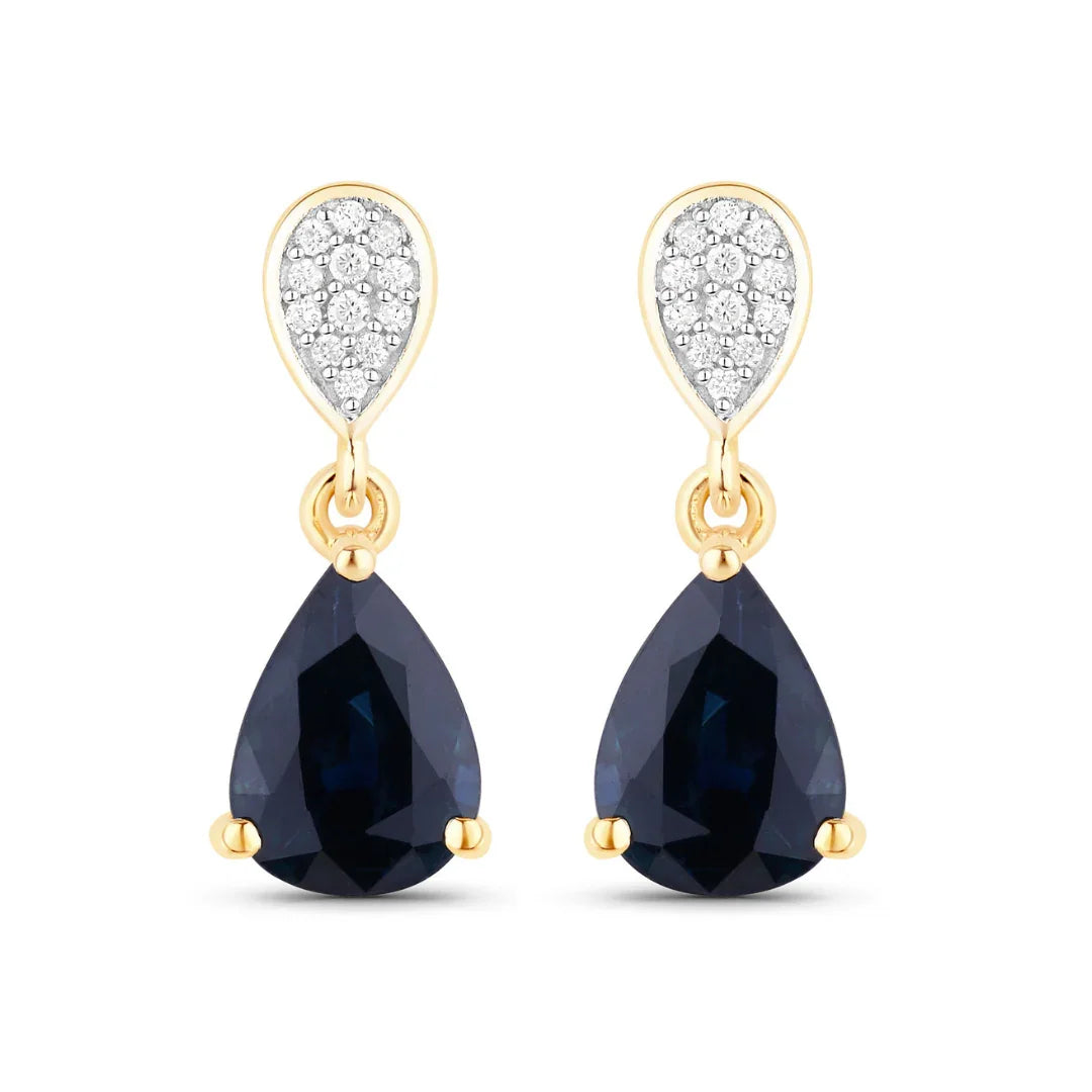 2.68 Ct Blue Sapphire & Diamond Prong 10K Gold Teardrop Dangle Earrings