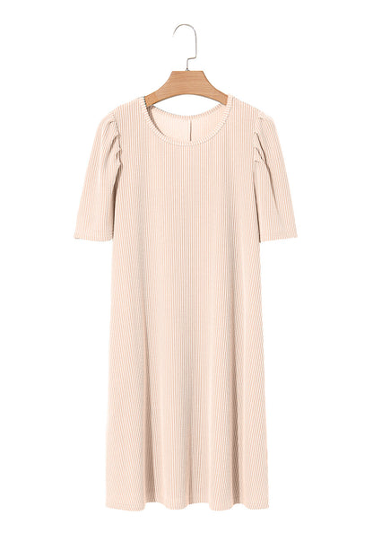 Bright Pink Corded Crew Neck Puff Sleeve Mini Dress