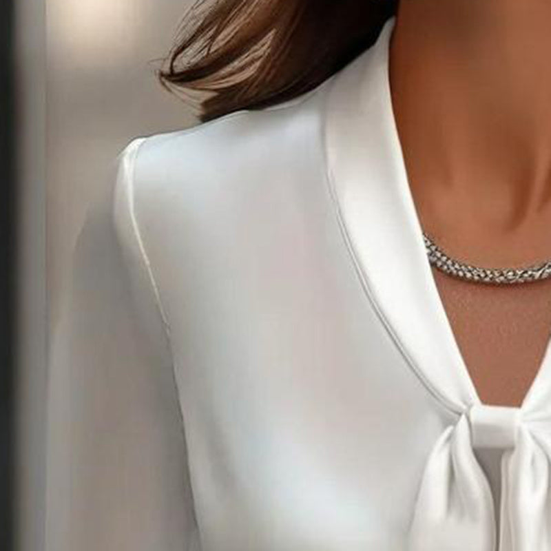 Elegant Satin Ribbon Blouse — Long Sleeve Button-Down Work Shirt