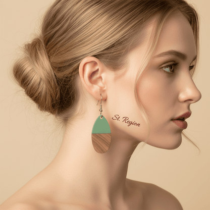 Green Resin & Wood Silvertone Patchwork Teardrop Hook Earrings
