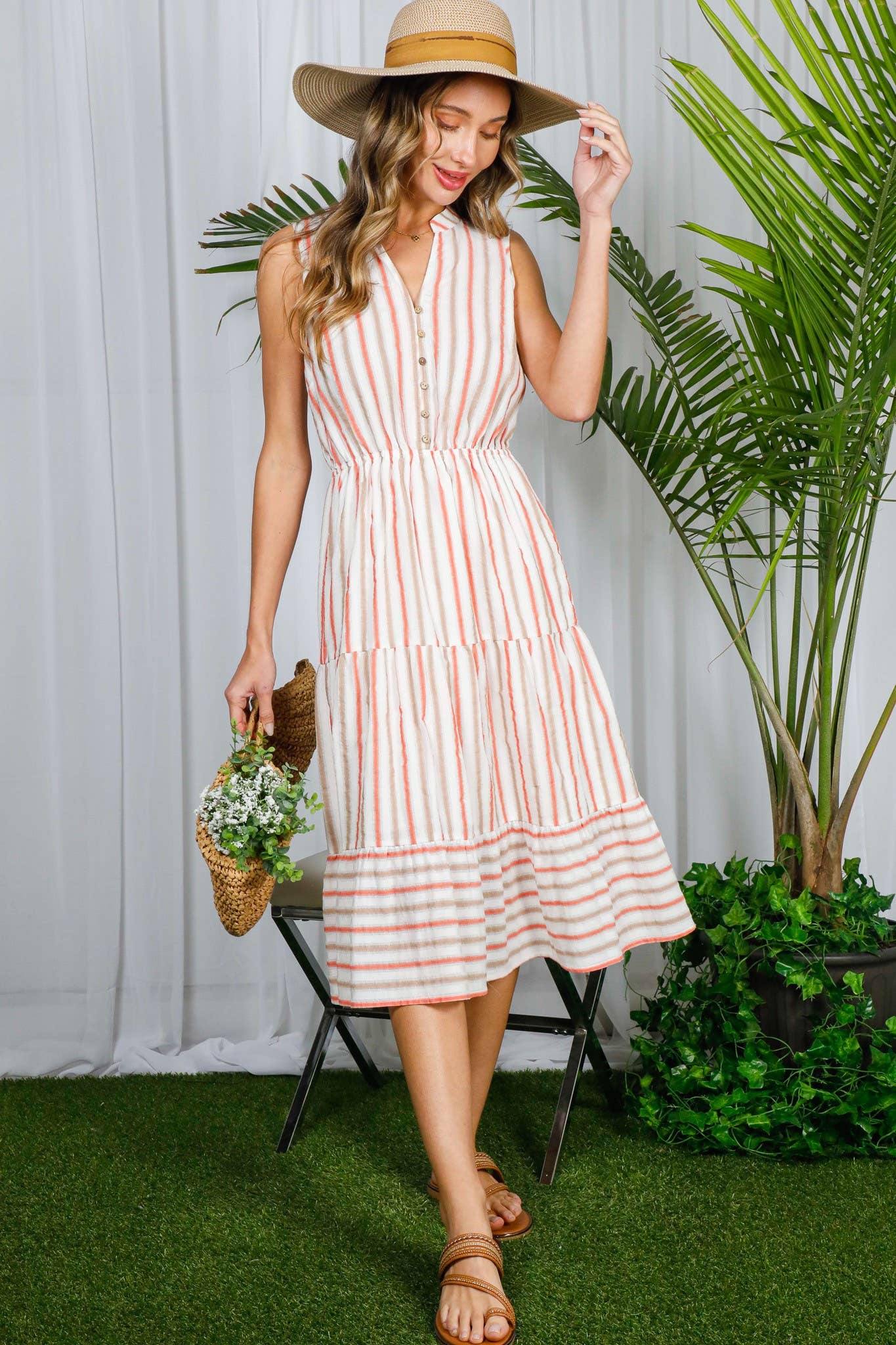 Soleil- Summer- Striped 100% Cotton Tired Midi Dress