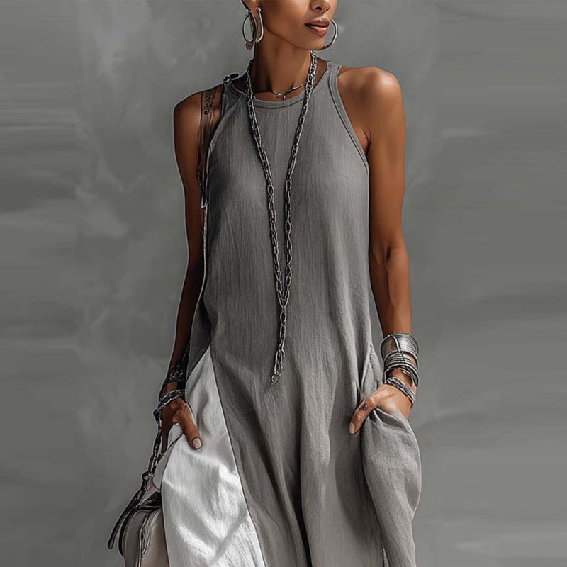 Off-Shoulder Color-Block Flared Maxi Dress with Pockets