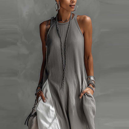 Off-Shoulder Color-Block Flared Maxi Dress with Pockets