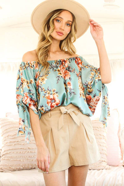 NATASHA - Floral Off The Shoulder Satin Blouse Top
