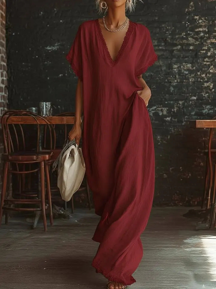 Women's Deep V-Neck Batwing Sleeve Lace-Trim Kaftan Maxi Dress