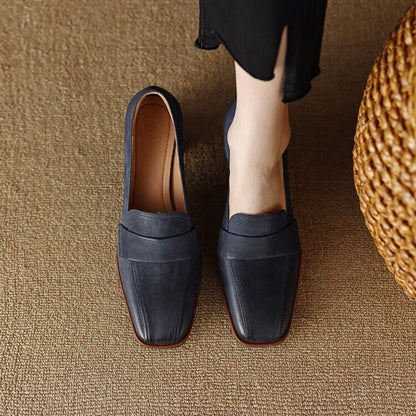 Women's Sheepskin Square Toe Chunky Heel Pumps – Retro High Heel Dress Shoes