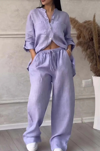 Wide-Leg Pants & Lace-Up Top Two-Piece Set – Solid Color, 12 Colors S–5XL
