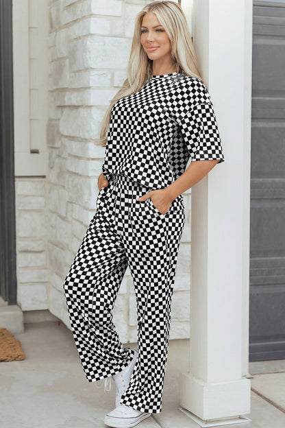 Rose Checkered Print Half Sleeve Tee 2pcs Lounge Pant Set
