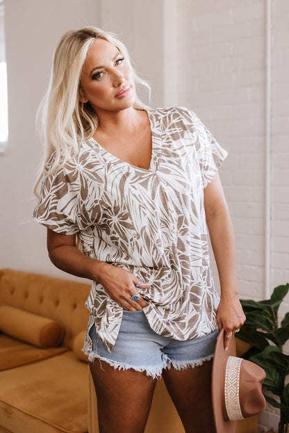 Threaded Pear Karter Floral V Neck Short Sleeve Loose Fit Blouse
