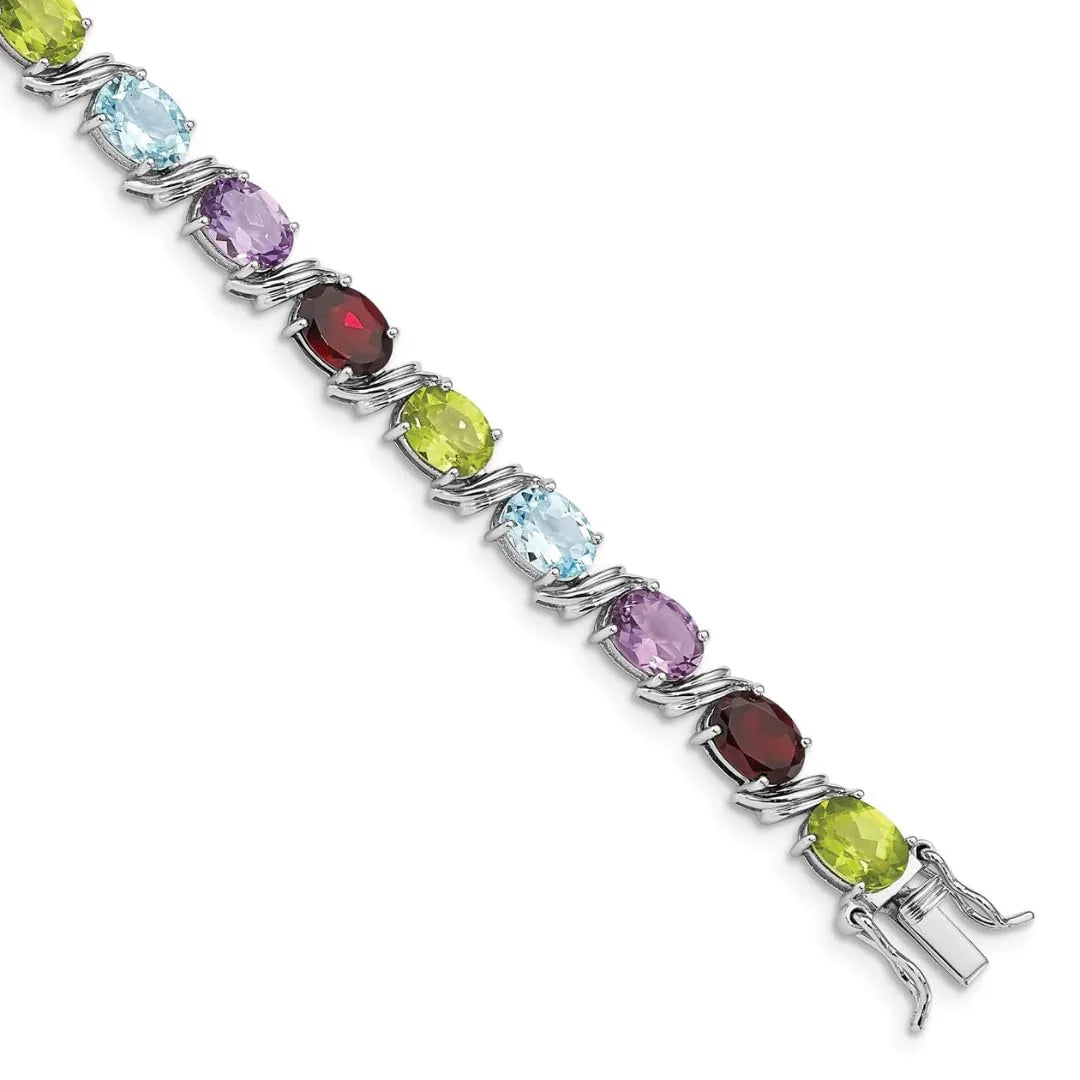 Genuine Multiple Gemstone Link Bracelet Silver