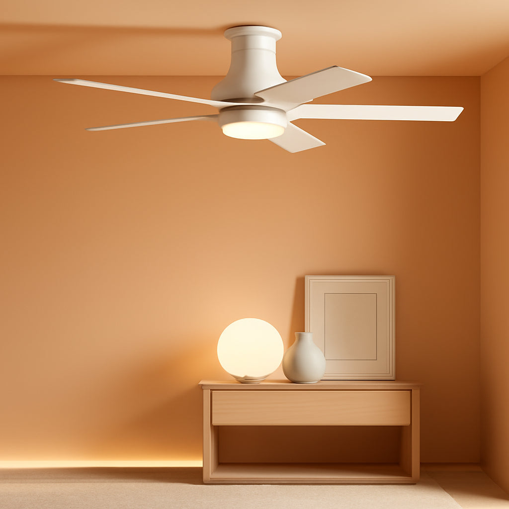52" Ceiling Fan with Lights, White Flush Mount Ceiling Fans, 5 Blades Low Profile Ceiling Fans, 6 Speeds DC Reversible, Dimmable, Modern Ceiling Fans for Bedroom, Living Room and Garage (White)