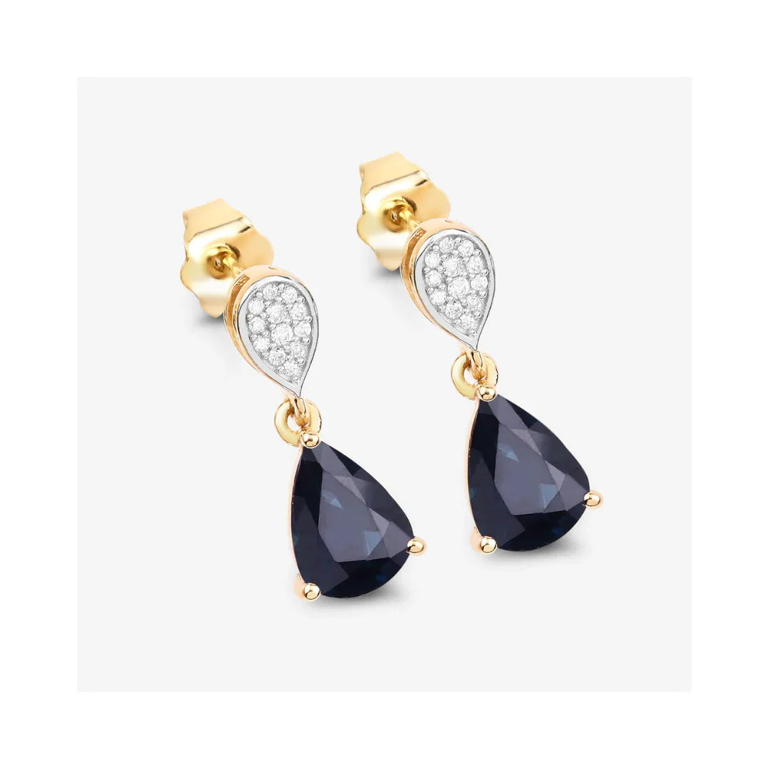 2.68 Ct Blue Sapphire & Diamond Prong 10K Gold Teardrop Dangle Earrings
