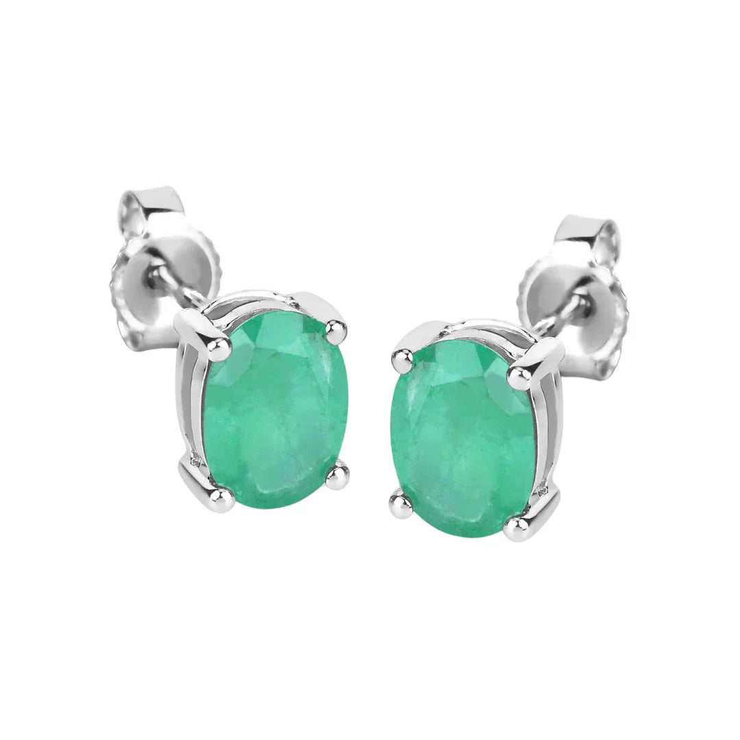 1.44 Ct Oval Green Zambian Emerald Prong 10K Gold Stud Earrings