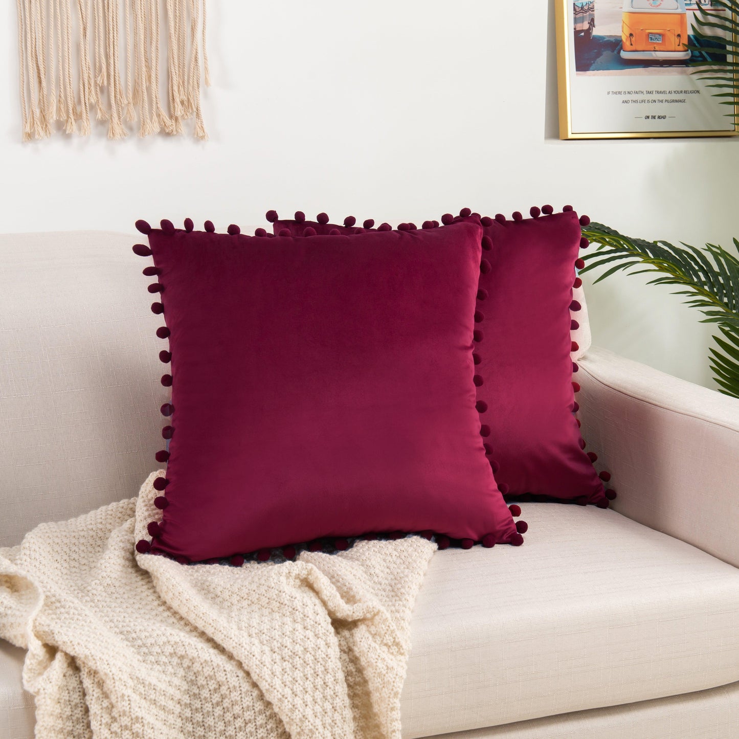 Elegant Comfort 2 Piece Pom-Pom Velvet Cushion Cover - Pillow Covers