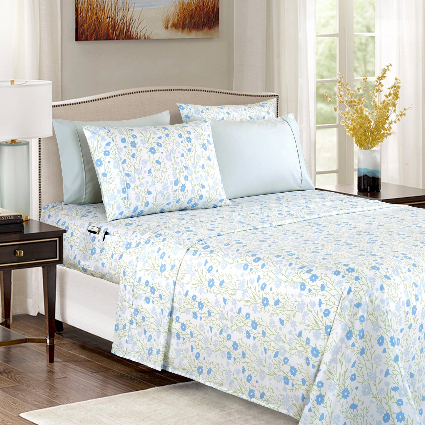 Mocassi 6-Piece Floral and Stripe Pattern Sheet Set - Soft as a Hotel Premium Quality Bedding
