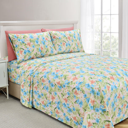 Elegant Comfort 6-Piece Floral and Stripe Pattern Sheet Set - Soft as a Hotel Premium Quality Bedding