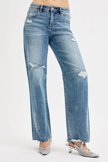 RISEN Full Size Mid Rise Fit Wide Baggy Leg Tie Washed Jeans Plus Size