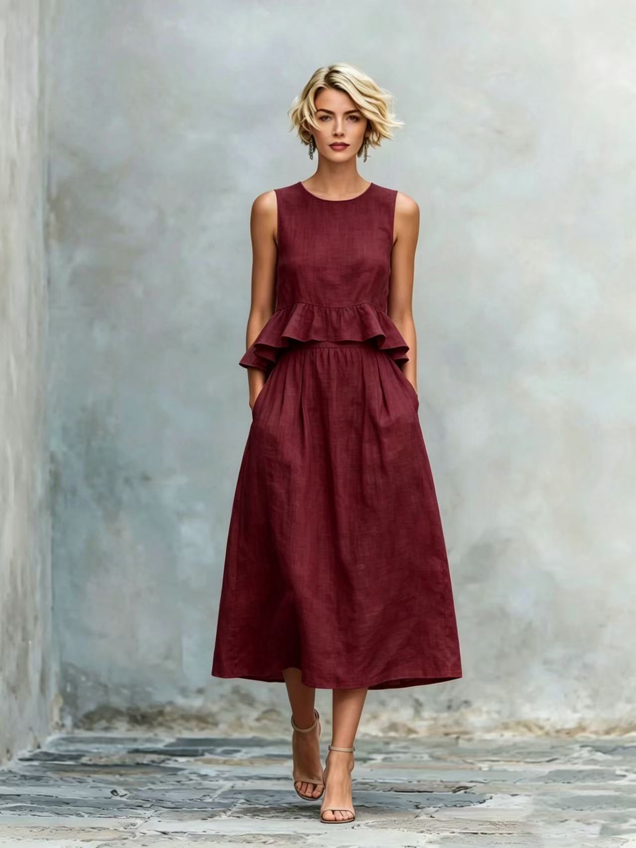 Women's Sleeveless High-Waist Ruffle Trim Maxi Dress