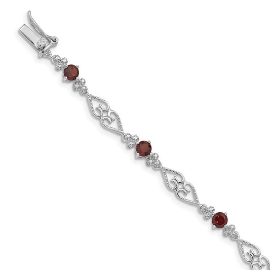 Genuine Red Garnet Diamond Sterling Silver Bracelet