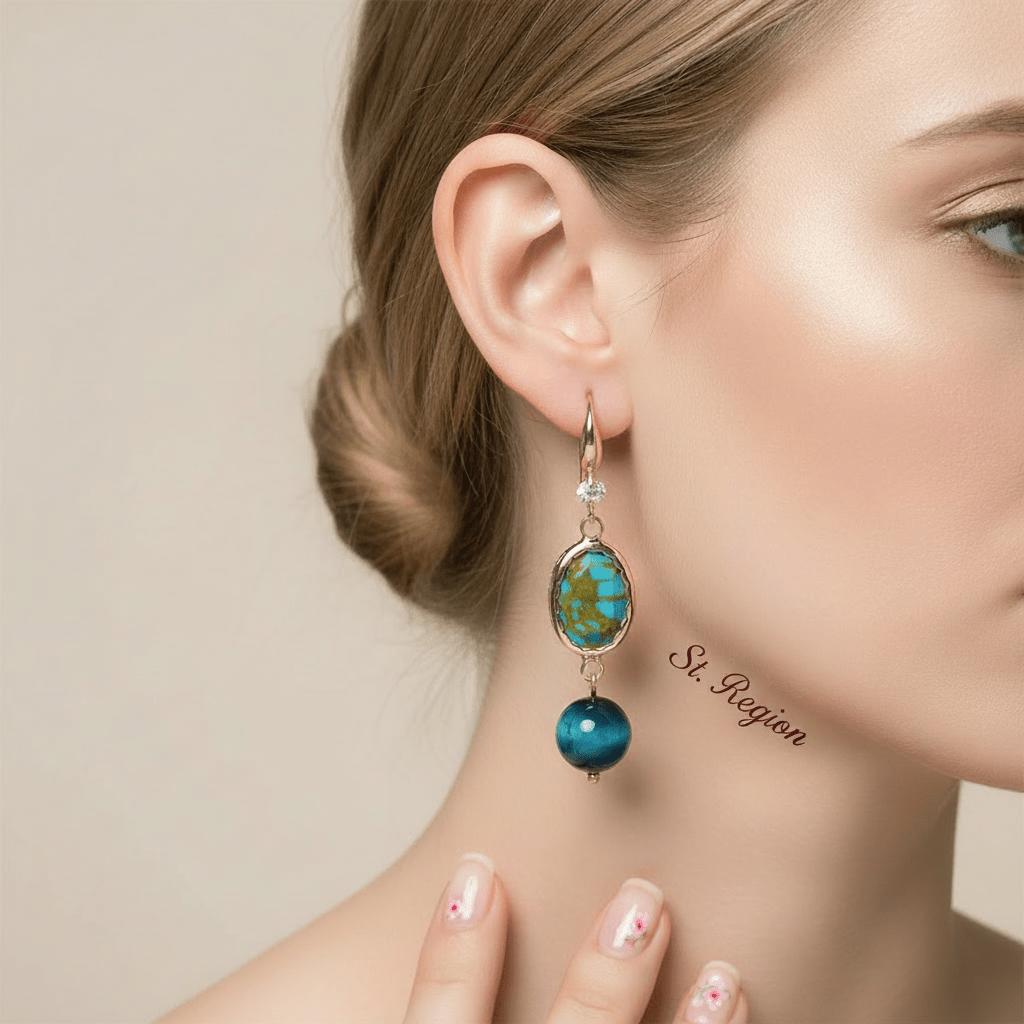 Peacock-Blue Jade & Turqouise Cubic Zirconia Goldtone Oval Round Hook Earrings