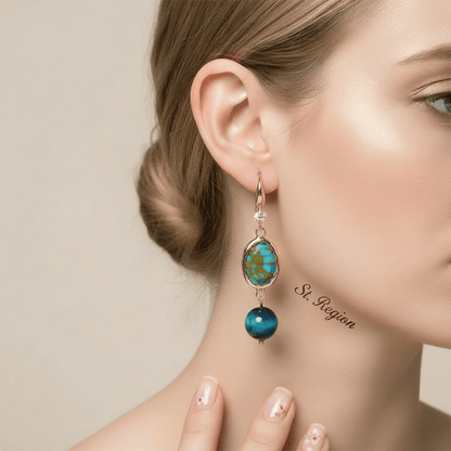 Peacock-Blue Jade & Turqouise Cubic Zirconia Goldtone Oval Round Hook Earrings