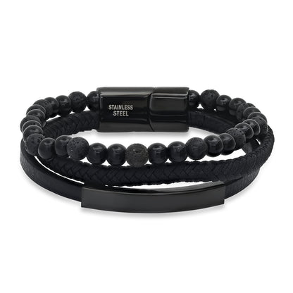 Black Leather & Lava Bead Bracelet