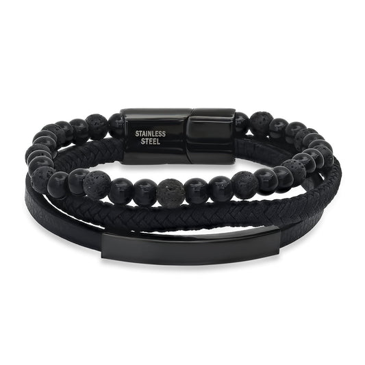 Black Leather & Lava Bead Bracelet