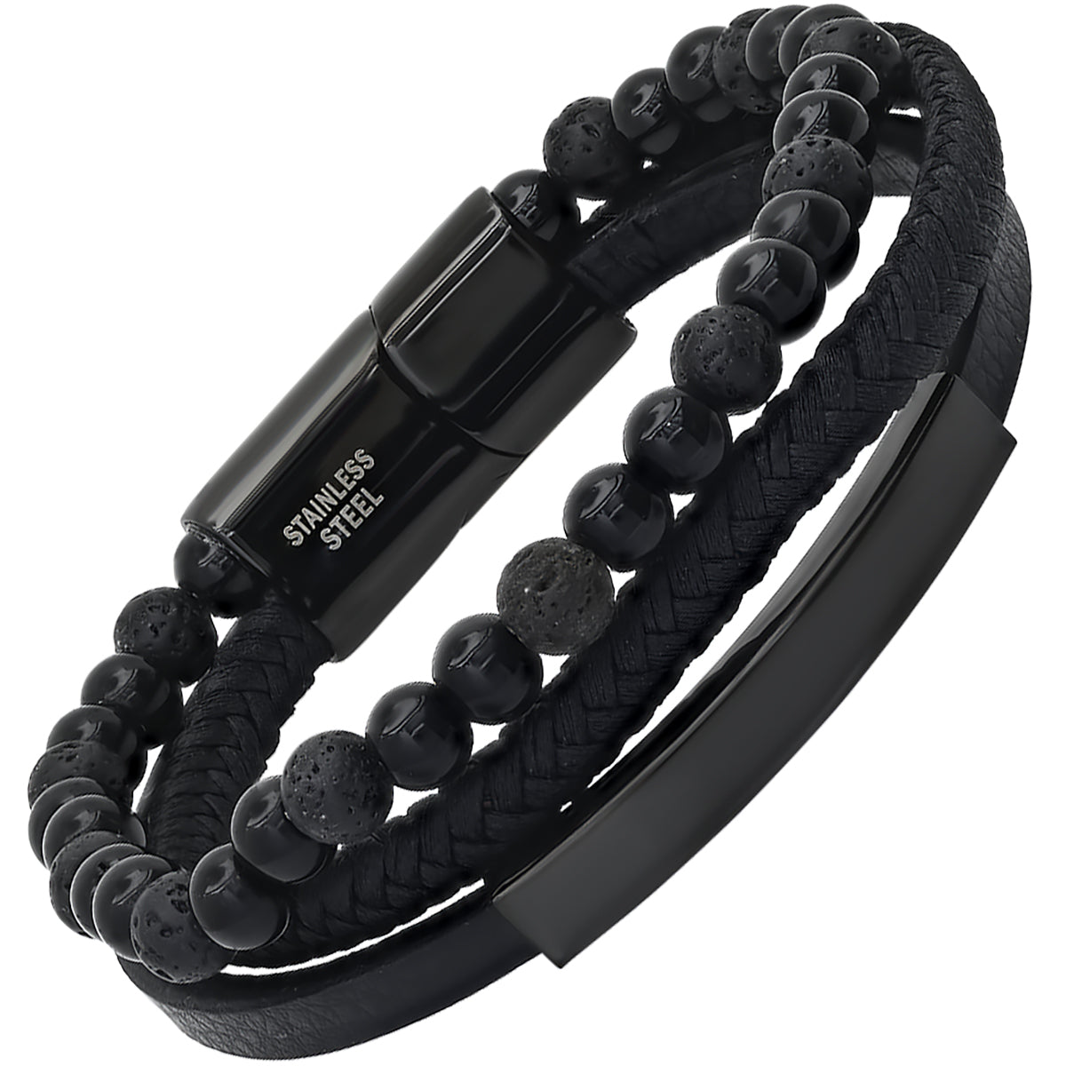 Black Leather & Lava Bead Bracelet