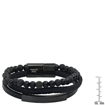 Black Leather & Lava Bead Bracelet