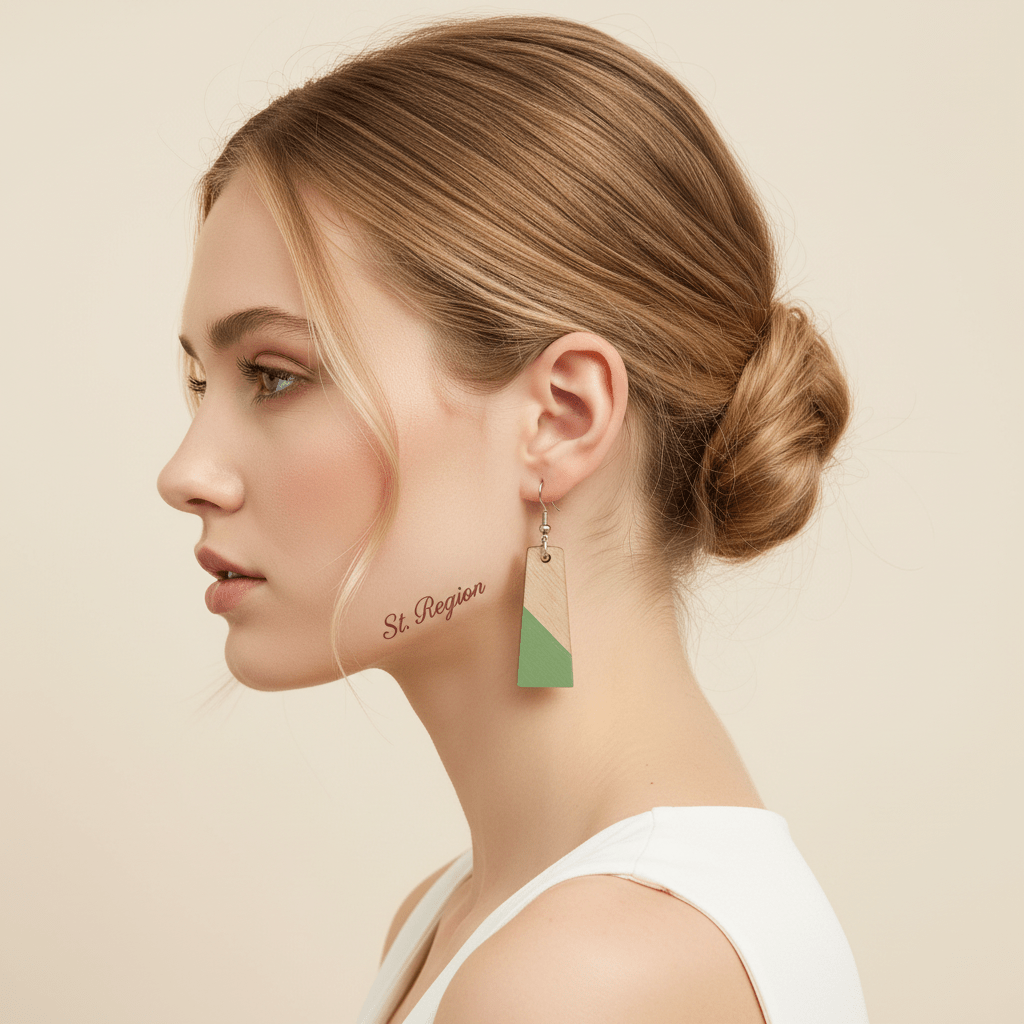 Green Resin & Wood Silvertone Patchwork Trapezoid? Hook Earrings