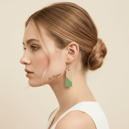 Green Resin & Wood Silvertone Patchwork Trapezoid? Hook Earrings