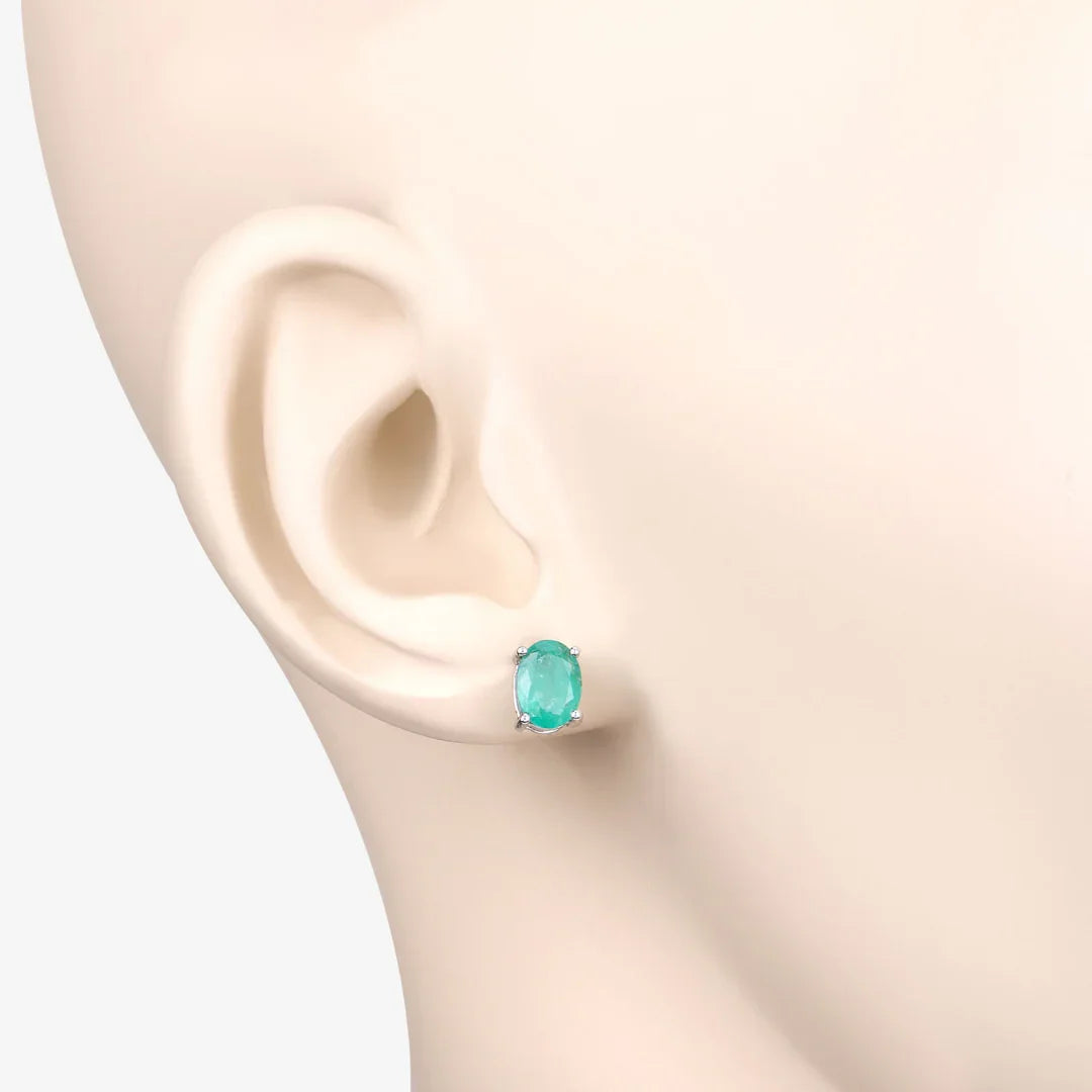 1.44 Ct Oval Green Zambian Emerald Prong 10K Gold Stud Earrings