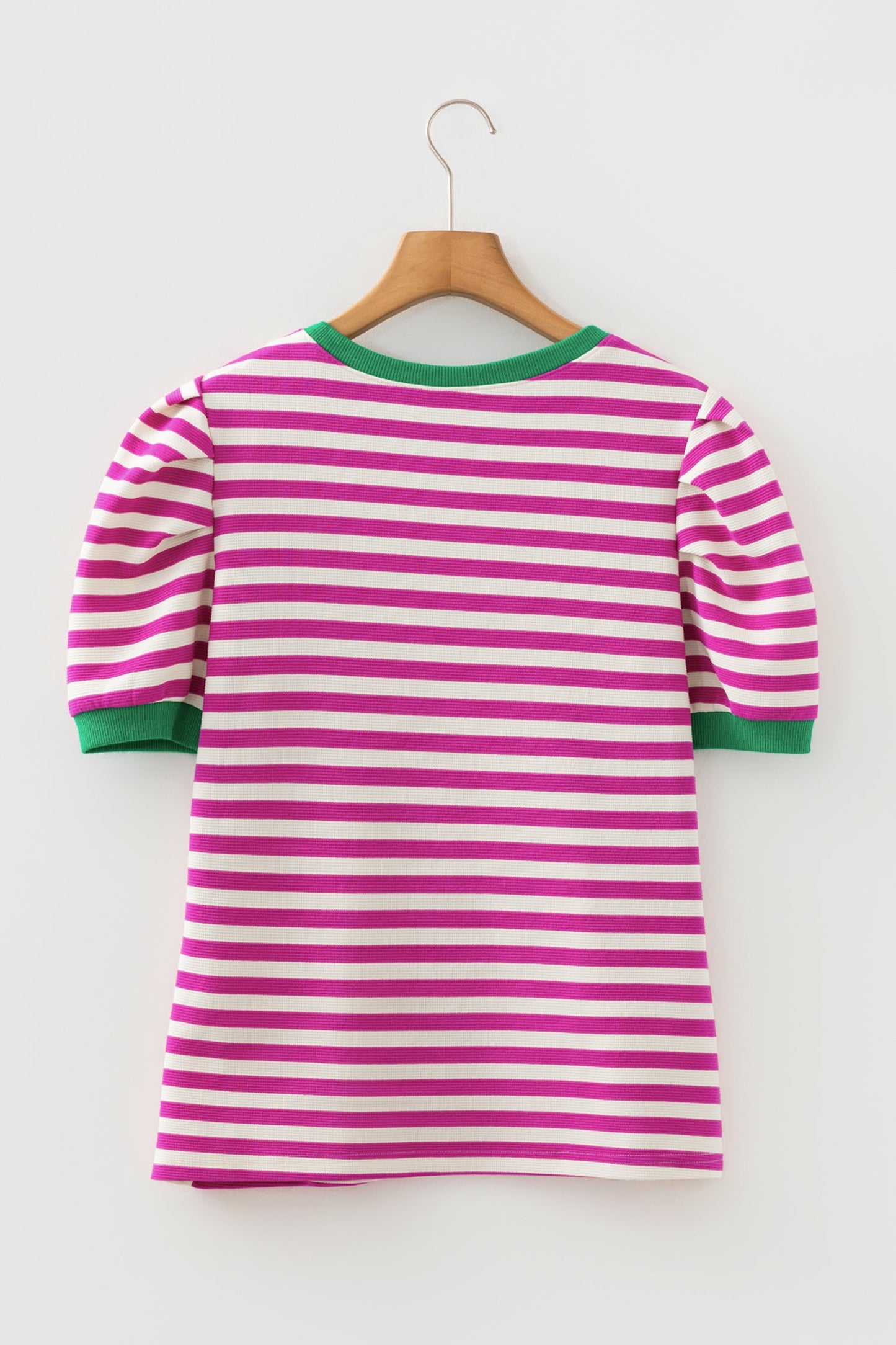 Kimberly Stripe Short Puff Sleeve Contrast Trim Round Neck Tee