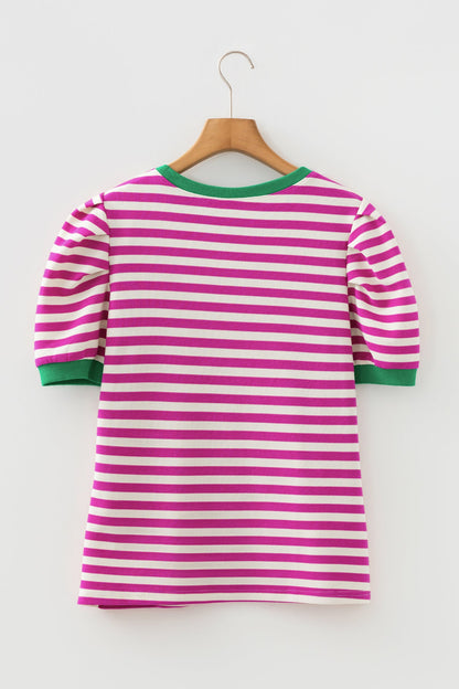 Kimberly Stripe Short Puff Sleeve Contrast Trim Round Neck Tee
