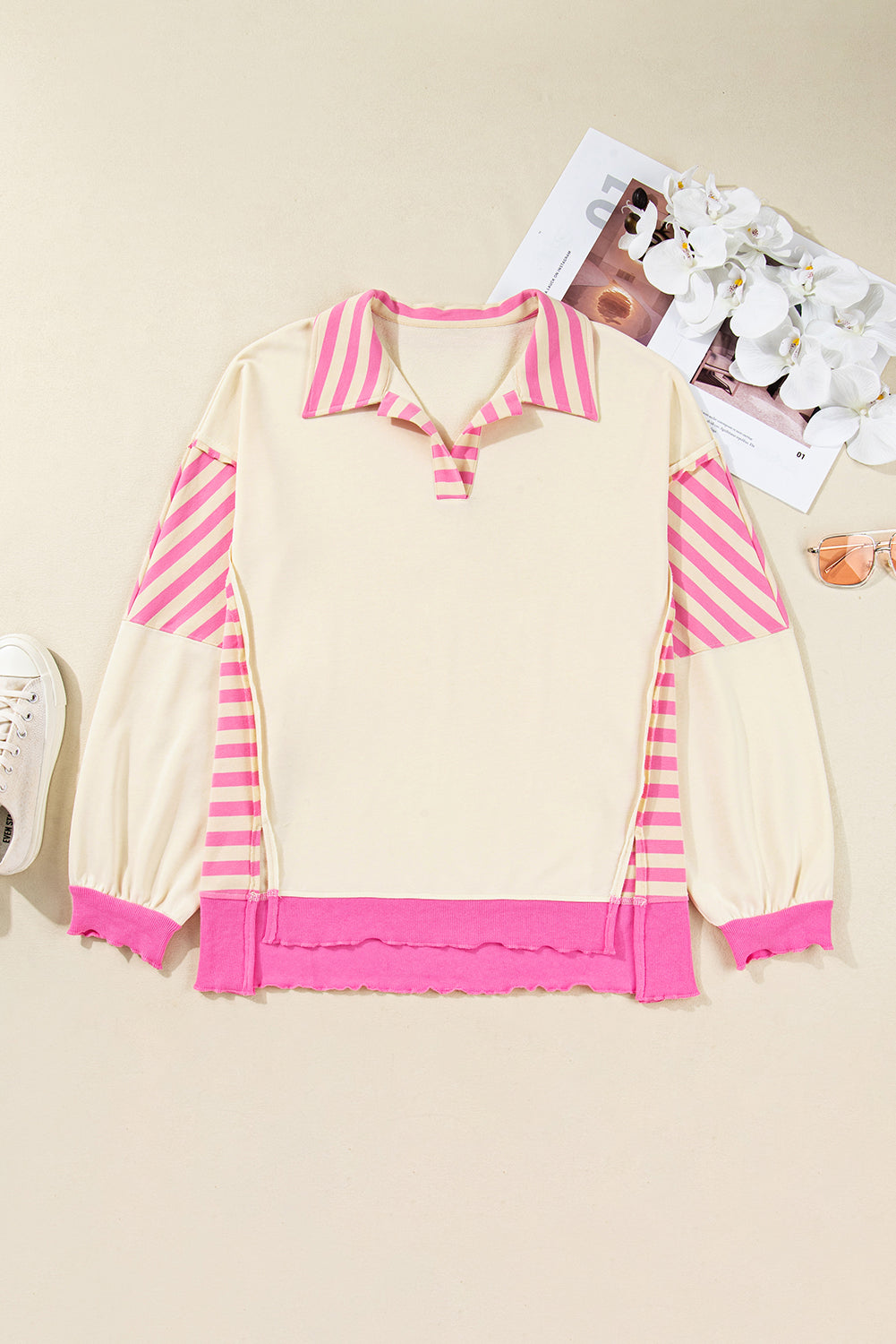 Threaded Pear Pink Stripe Contrast Polo Collar Drop Shoulder Patchwork Plus Size Pullover
