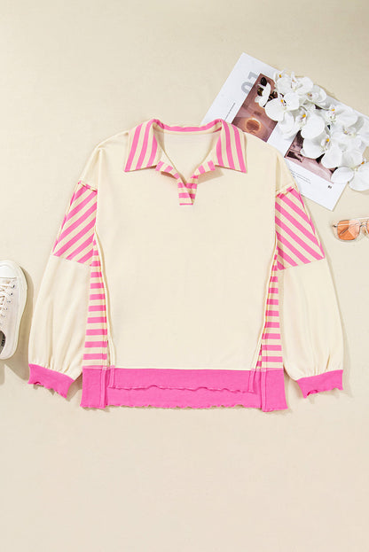 Threaded Pear Pink Stripe Contrast Polo Collar Drop Shoulder Patchwork Plus Size Pullover