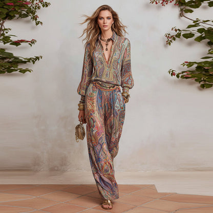 Women's Paisley Print Deep V Fringe Blouse & Wide-Leg Palazzo Pants Set